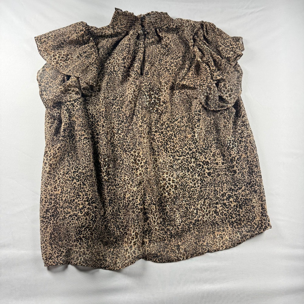 1.STATE Leopard Print Smocked High Neck Flutter Sleeve Blouse Plus Size 1X Brown - Picture 4 of 9
